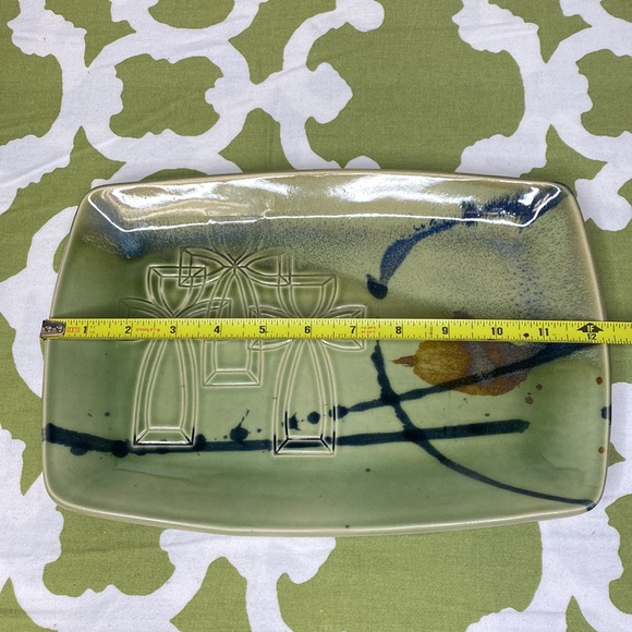 Studio Art Pottery Green Stamped Crosses Serving Tray Entry Table Tray Glazed - Picture 5 of 7